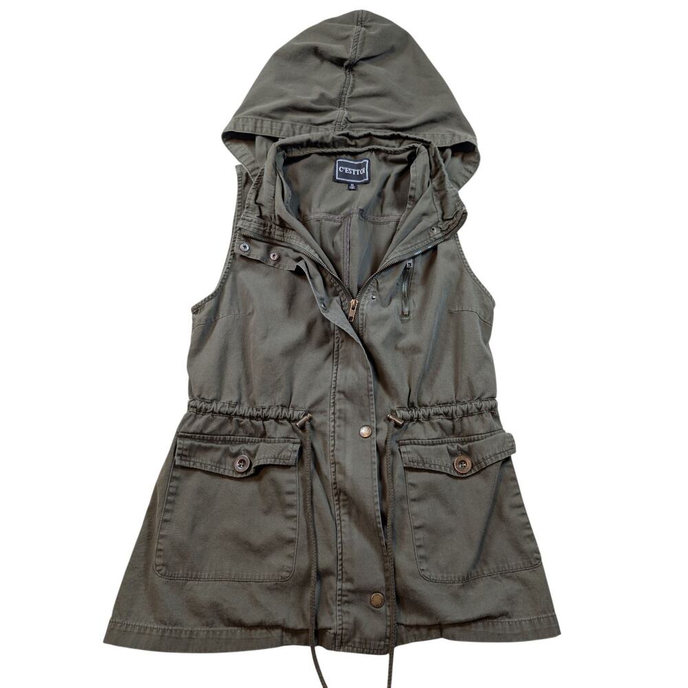 C'Esttoi Womens Army Green Vest Button Up/Zip Up Waist String Pockets Size M